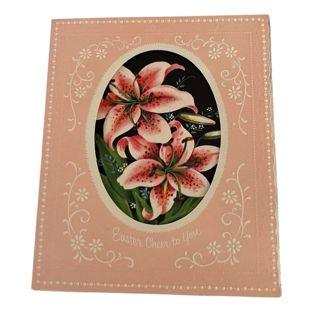 Unused Vintage Easter Greeting Card Pink Lilies Raised Cutout Floral Religious